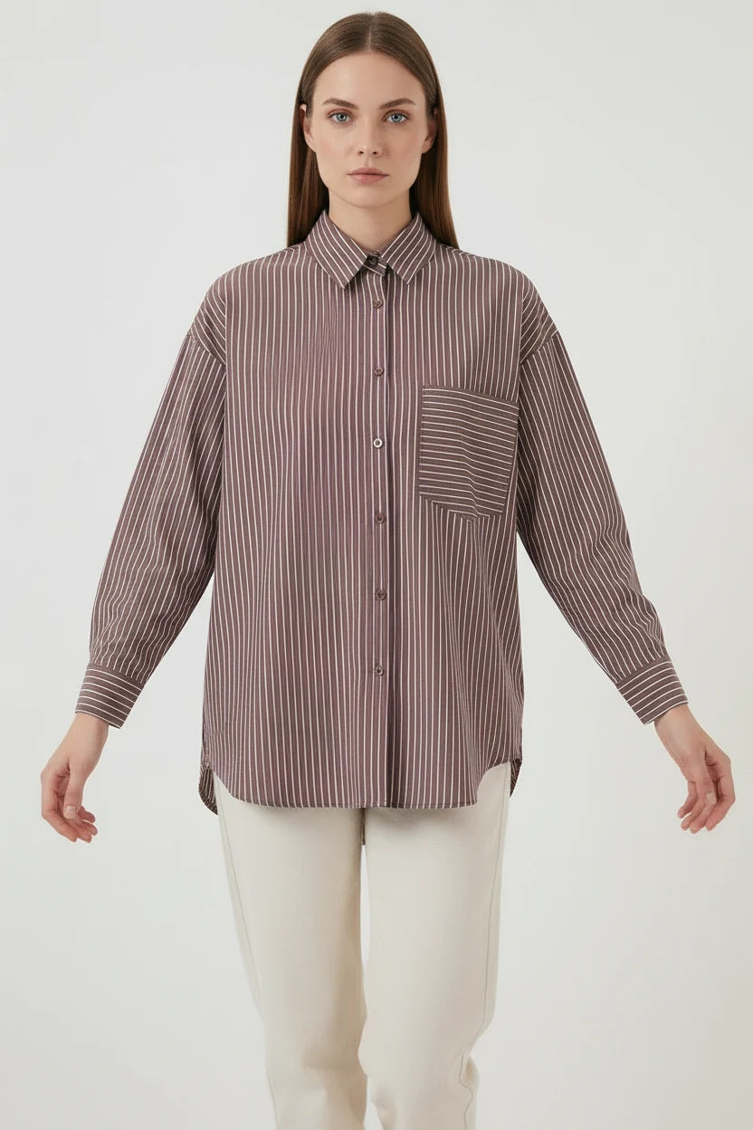 Kadın Oversize Tek Cepli Çizgili Pamuklu Gömlek