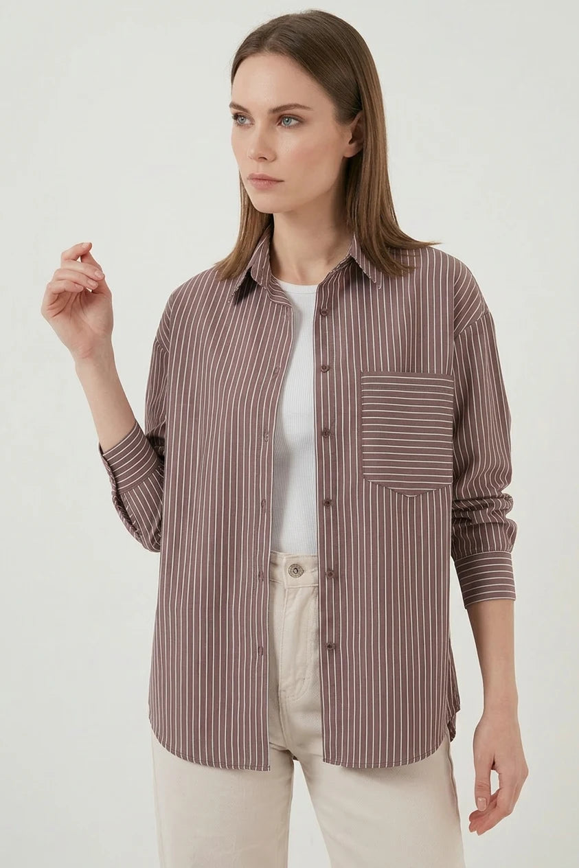Kadın Oversize Tek Cepli Çizgili Pamuklu Gömlek