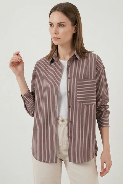 Kadın Oversize Tek Cepli Çizgili Pamuklu Gömlek