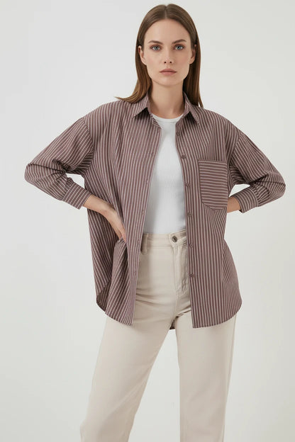 Kadın Oversize Tek Cepli Çizgili Pamuklu Gömlek