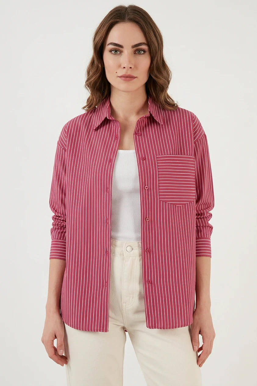 Kadın Oversize Tek Cepli Çizgili Pamuklu Gömlek