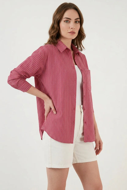 Kadın Oversize Tek Cepli Çizgili Pamuklu Gömlek