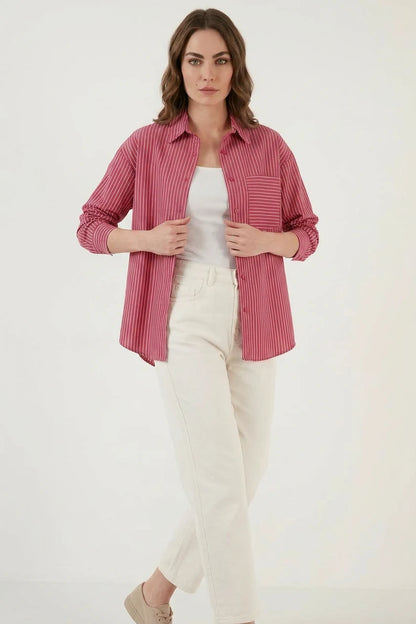 Kadın Oversize Tek Cepli Çizgili Pamuklu Gömlek