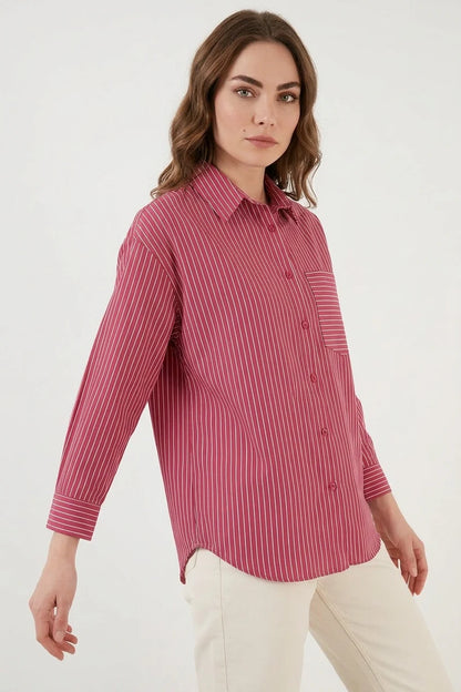 Kadın Oversize Tek Cepli Çizgili Pamuklu Gömlek