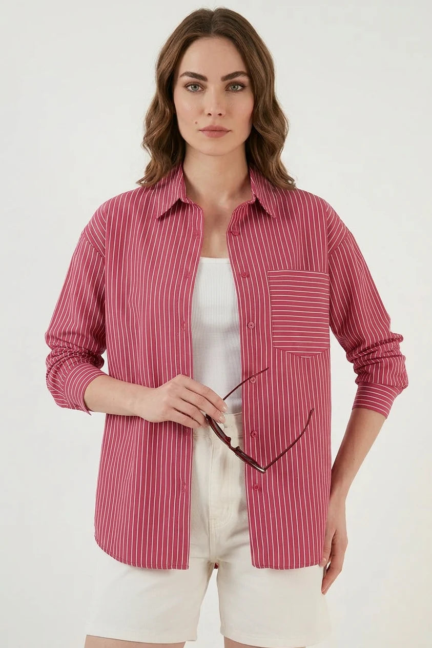 Kadın Oversize Tek Cepli Çizgili Pamuklu Gömlek