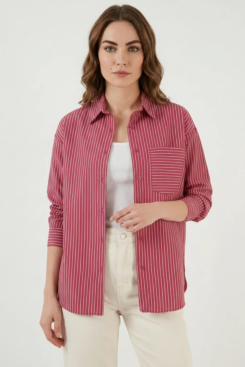Kadın Oversize Tek Cepli Çizgili Pamuklu Gömlek