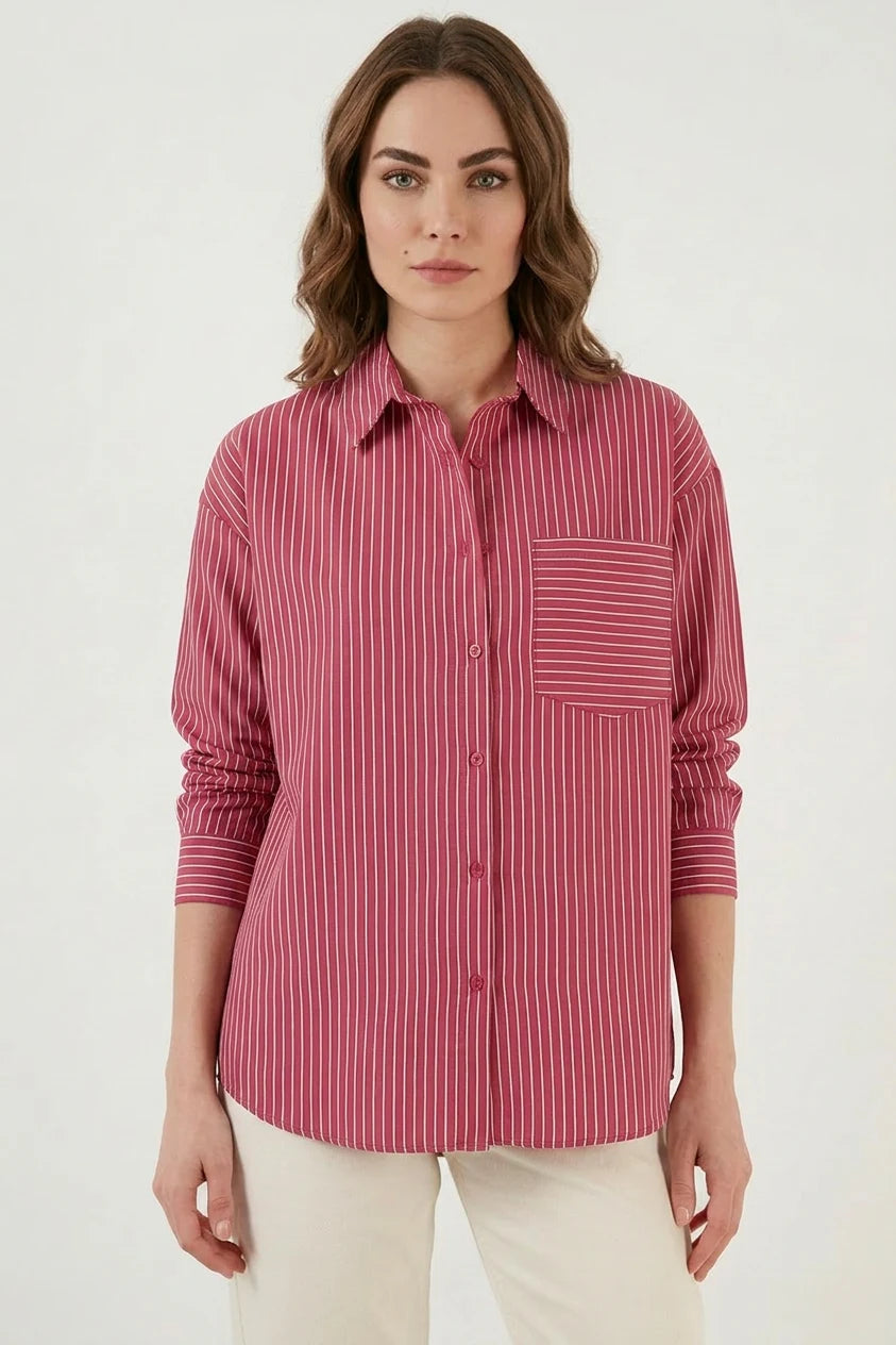 Kadın Oversize Tek Cepli Çizgili Pamuklu Gömlek