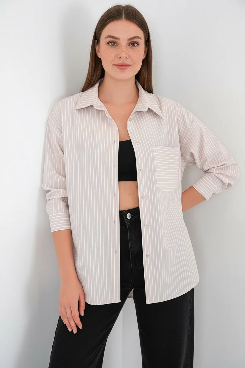 Kadın Oversize Tek Cepli Çizgili Pamuklu Gömlek