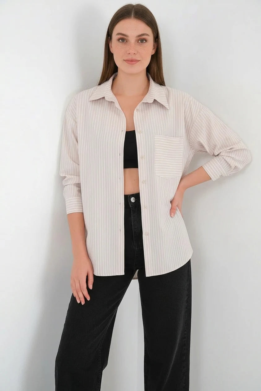 Kadın Oversize Tek Cepli Çizgili Pamuklu Gömlek