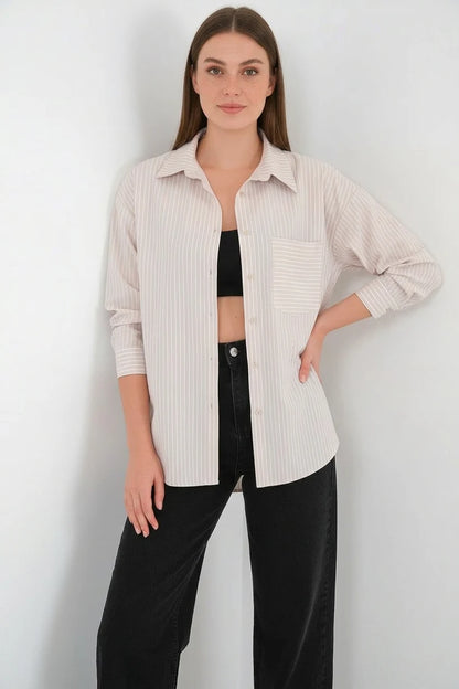 Kadın Oversize Tek Cepli Çizgili Pamuklu Gömlek