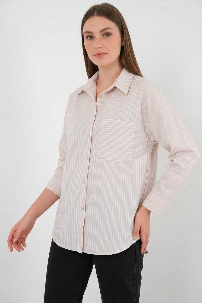Kadın Oversize Tek Cepli Çizgili Pamuklu Gömlek