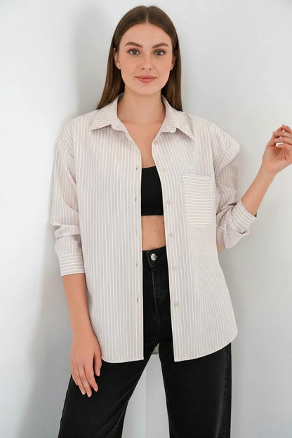 Kadın Oversize Tek Cepli Çizgili Pamuklu Gömlek