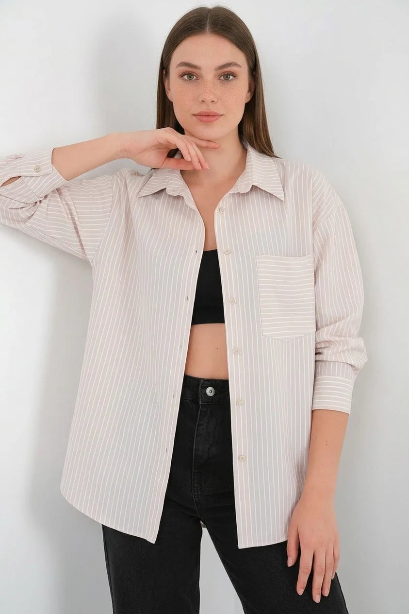 Kadın Oversize Tek Cepli Çizgili Pamuklu Gömlek