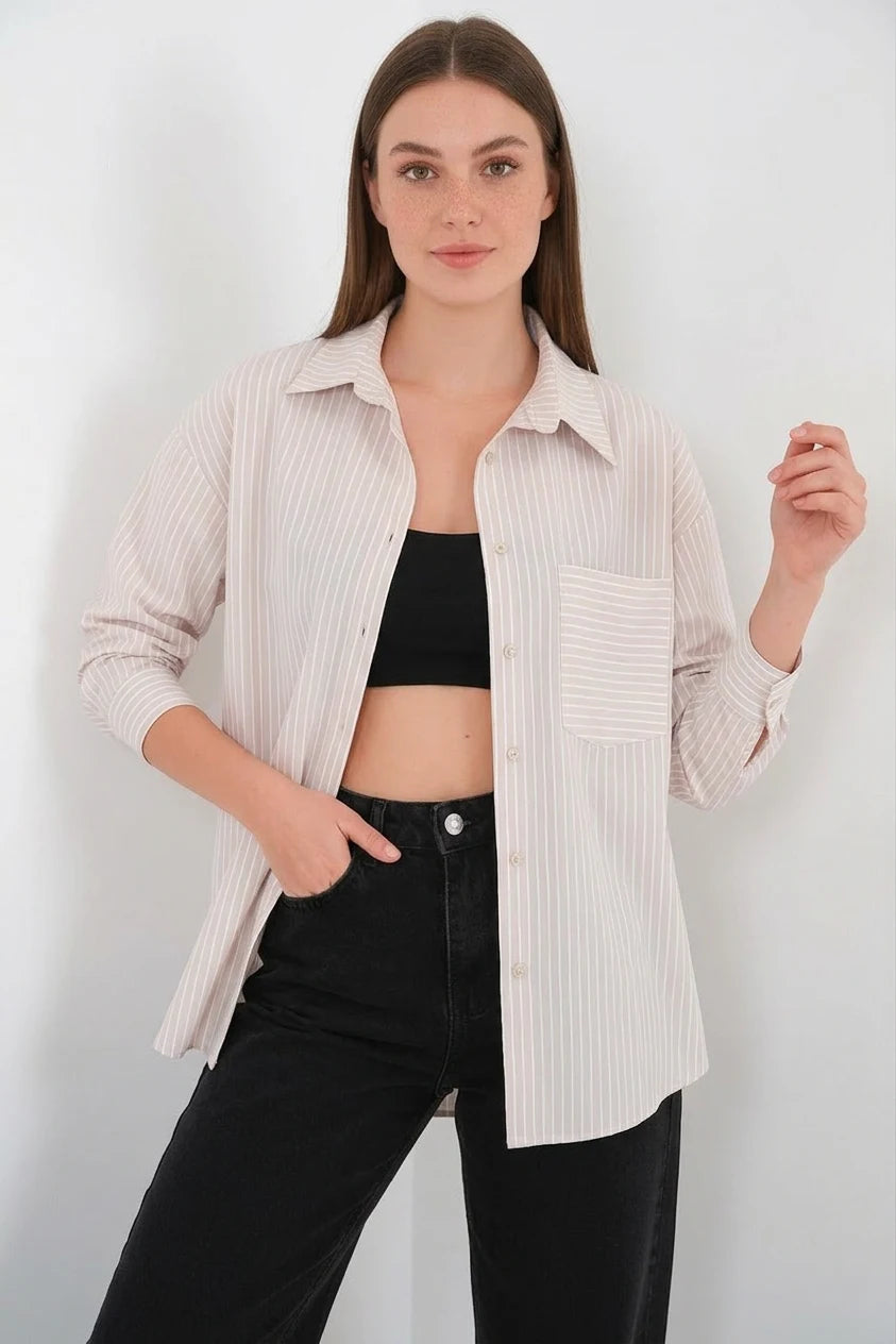 Kadın Oversize Tek Cepli Çizgili Pamuklu Gömlek