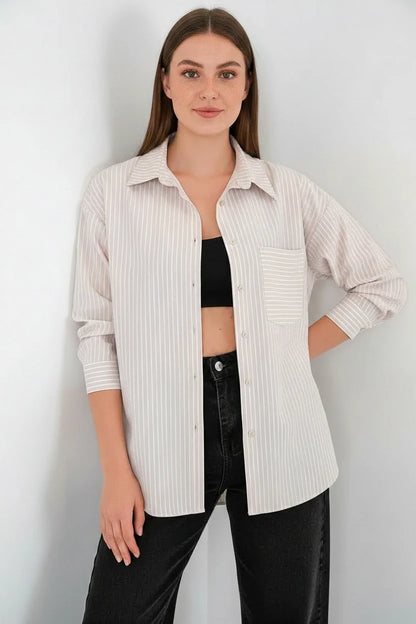 Kadın Oversize Tek Cepli Çizgili Pamuklu Gömlek
