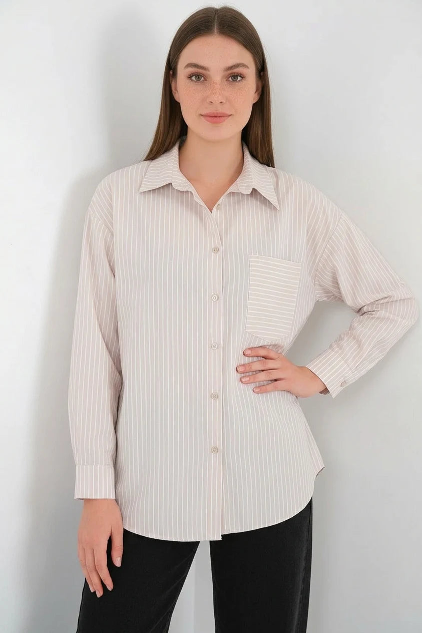 Kadın Oversize Tek Cepli Çizgili Pamuklu Gömlek