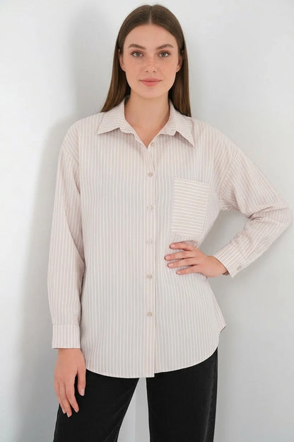 Kadın Oversize Tek Cepli Çizgili Pamuklu Gömlek