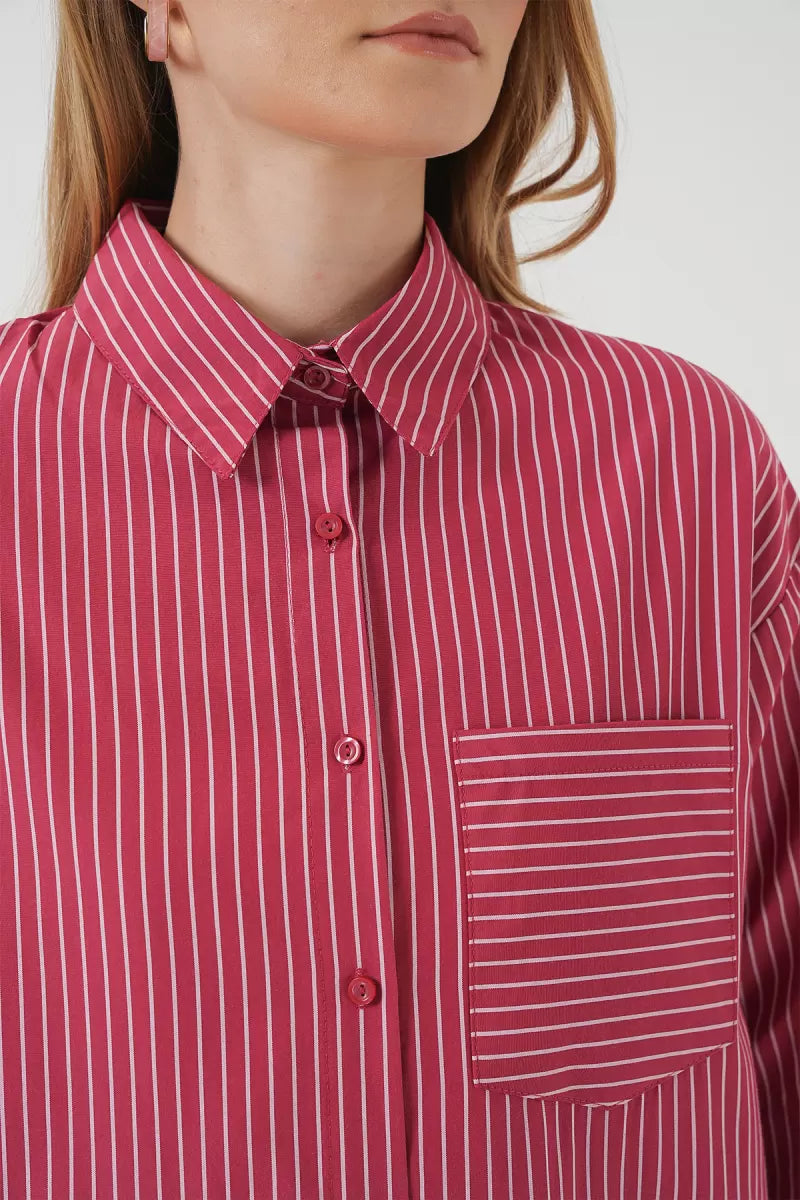 Kadın Oversize Tek Cepli Çizgili Pamuklu Gömlek
