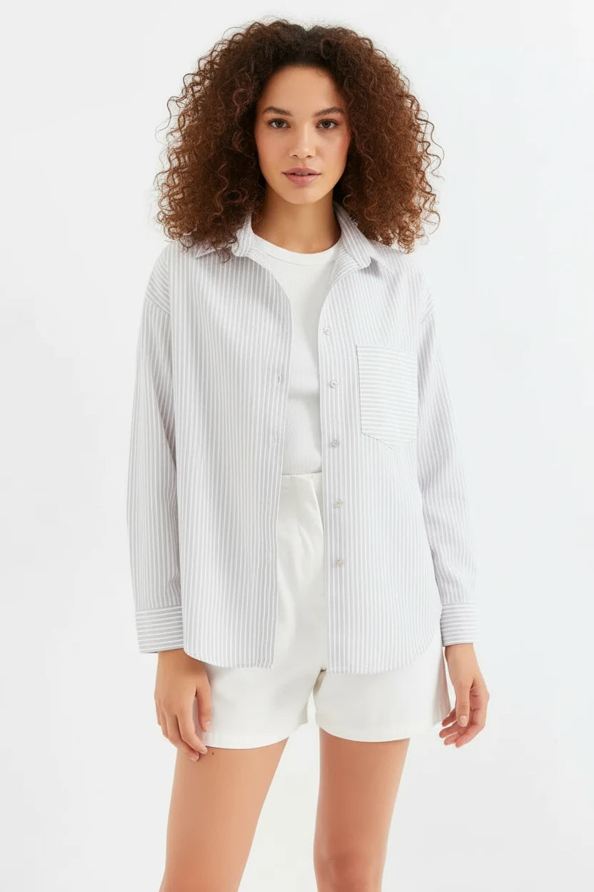 Kadın Oversize Tek Cepli Çizgili Pamuklu Gömlek