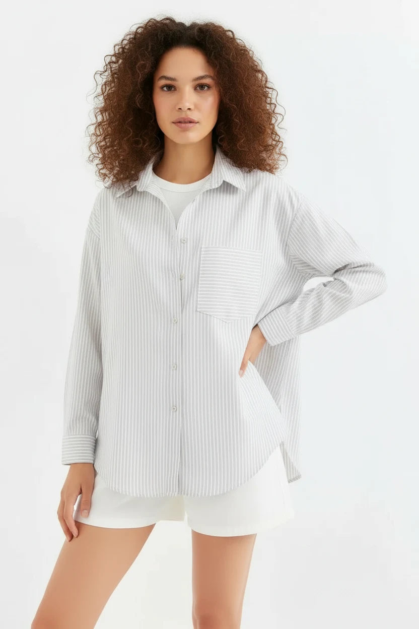 Kadın Oversize Tek Cepli Çizgili Pamuklu Gömlek