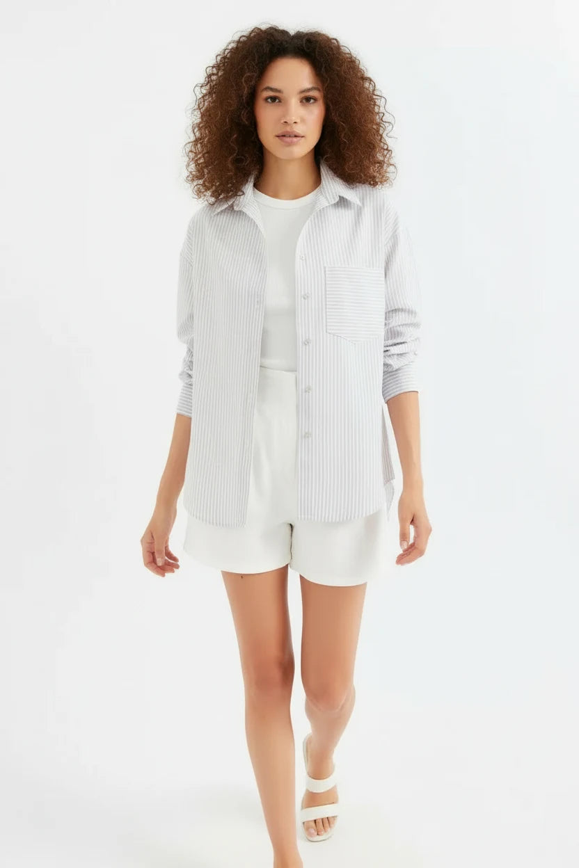 Kadın Oversize Tek Cepli Çizgili Pamuklu Gömlek