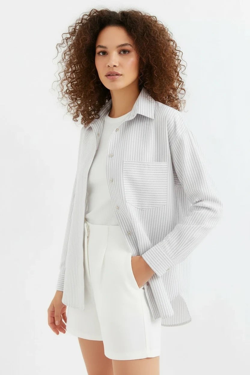 Kadın Oversize Tek Cepli Çizgili Pamuklu Gömlek