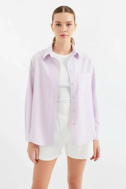Kadın Tek Cepli Oversize Kesim Çizgili Pamuklu Pembe Gömlek