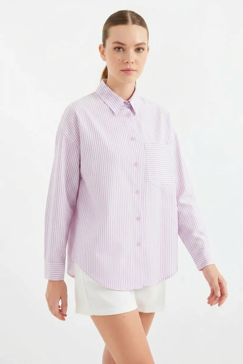 Kadın Tek Cepli Oversize Kesim Çizgili Pamuklu Pembe Gömlek
