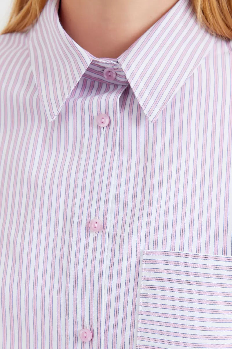 Kadın Tek Cepli Oversize Kesim Çizgili Pamuklu Pembe Gömlek