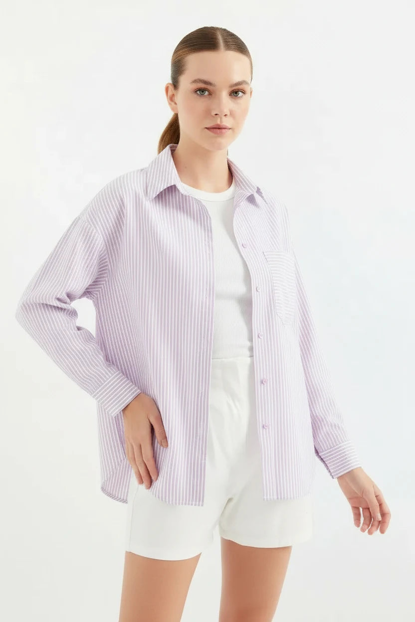 Kadın Tek Cepli Oversize Kesim Çizgili Pamuklu Pembe Gömlek