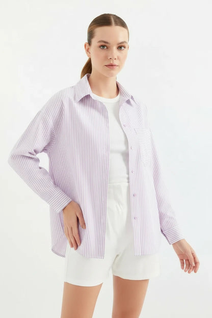 Kadın Tek Cepli Oversize Kesim Çizgili Pamuklu Pembe Gömlek