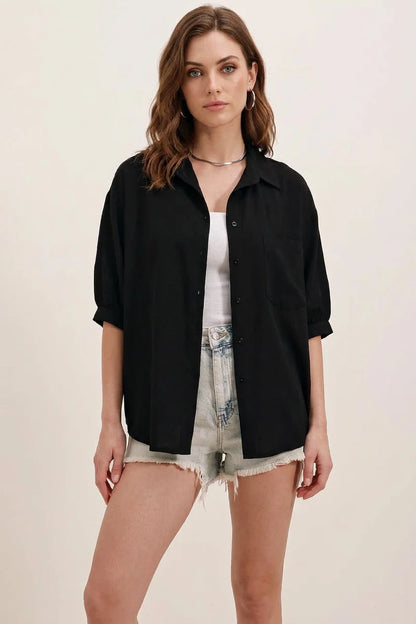 Kadın Kısa Kol Basic Oversize Pamuklu Gömlek