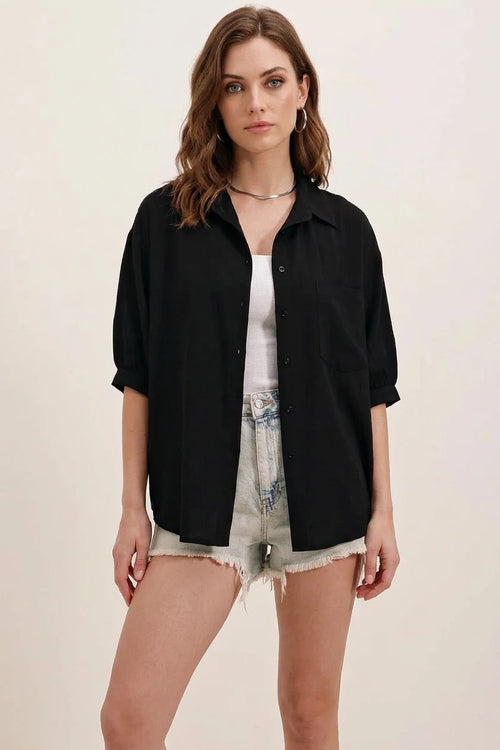 Kadın Kısa Kol Basic Oversize Pamuklu Gömlek