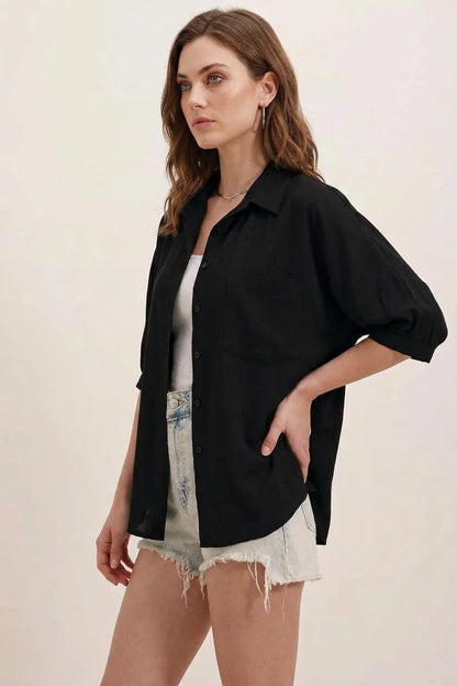 Kadın Kısa Kol Basic Oversize Pamuklu Gömlek