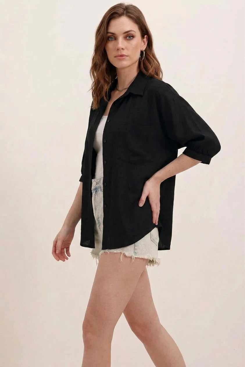 Kadın Kısa Kol Basic Oversize Pamuklu Gömlek