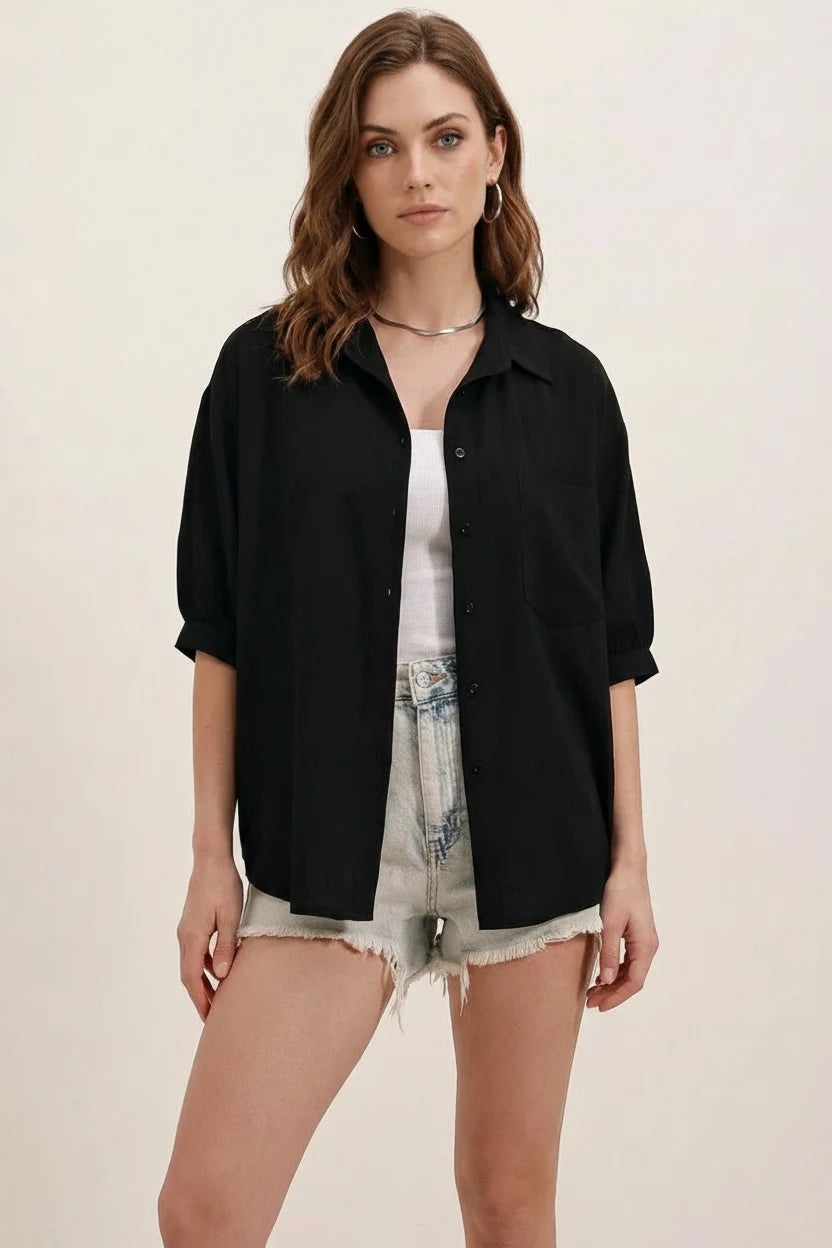 Kadın Kısa Kol Basic Oversize Pamuklu Gömlek
