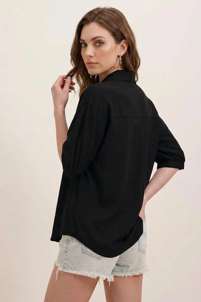 Kadın Kısa Kol Basic Oversize Pamuklu Gömlek