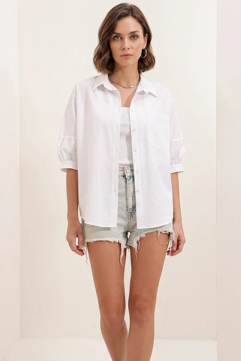 Kadın Kısa Kol Basic Oversize Pamuklu Gömlek