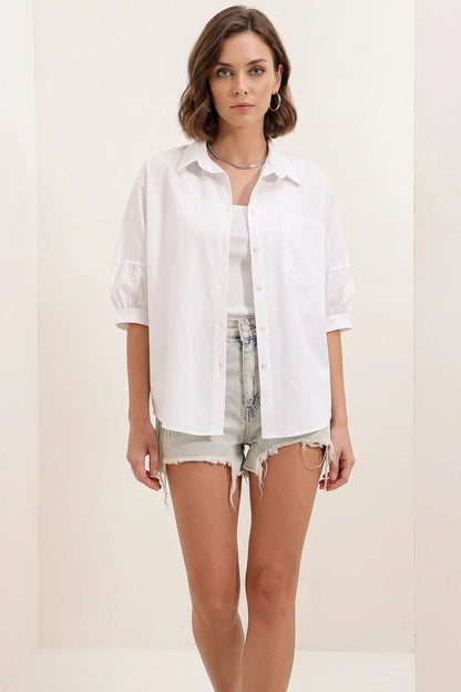 Kadın Kısa Kol Basic Oversize Pamuklu Gömlek