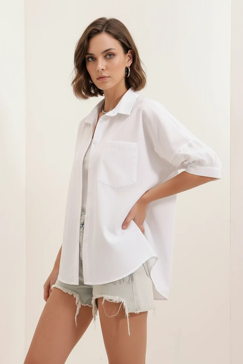 Kadın Kısa Kol Basic Oversize Pamuklu Gömlek