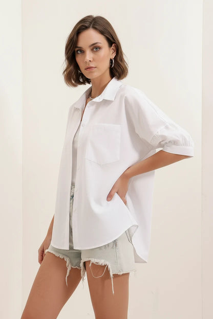 Kadın Kısa Kol Basic Oversize Pamuklu Gömlek