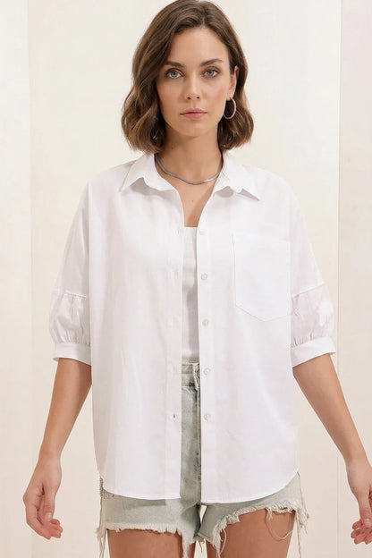 Kadın Kısa Kol Basic Oversize Pamuklu Gömlek