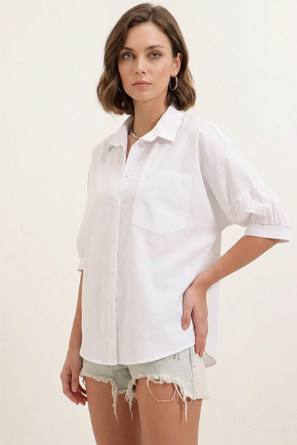 Kadın Kısa Kol Basic Oversize Pamuklu Gömlek