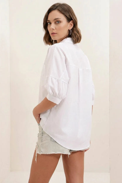 Kadın Kısa Kol Basic Oversize Pamuklu Gömlek