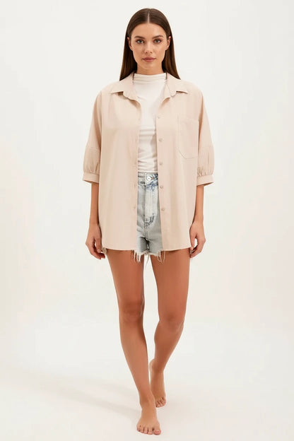 Kadın Kısa Kol Basic Oversize Pamuklu Gömlek