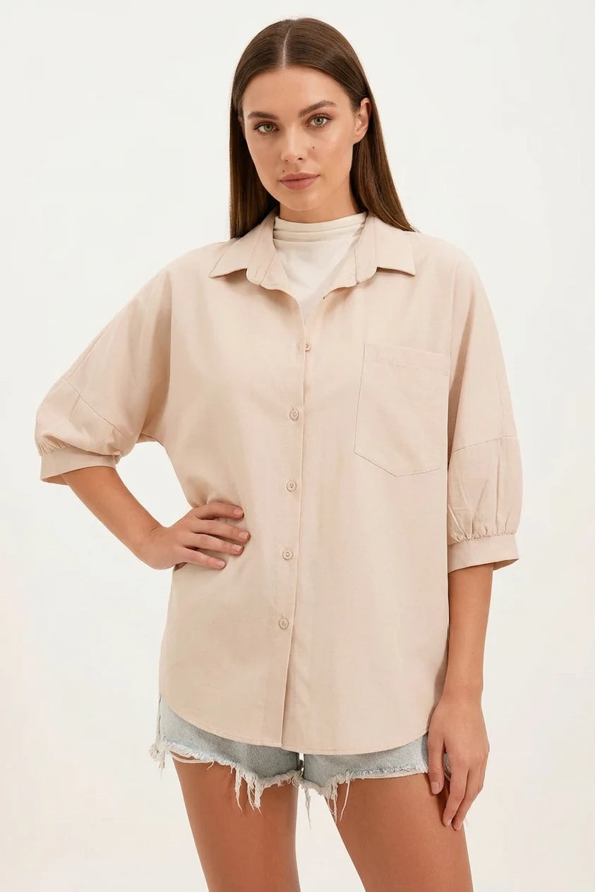 Kadın Kısa Kol Basic Oversize Pamuklu Gömlek