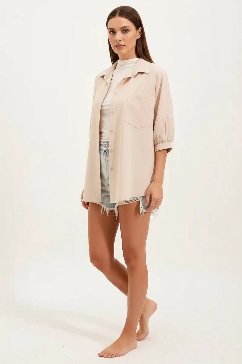 Kadın Kısa Kol Basic Oversize Pamuklu Gömlek