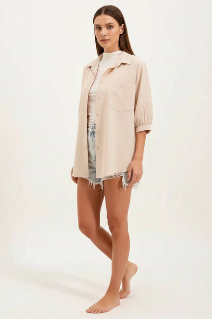 Kadın Kısa Kol Basic Oversize Pamuklu Gömlek