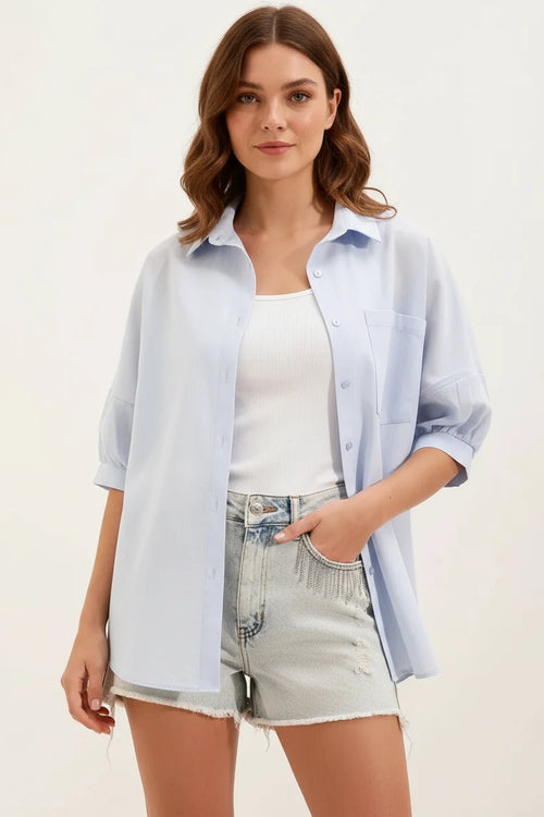 Kadın Cep Detaylı Basic Oversize Kısa Kol Pamuklu Bebe Mavisi Gömlek