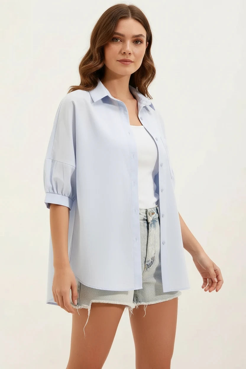 Kadın Cep Detaylı Basic Oversize Kısa Kol Pamuklu Bebe Mavisi Gömlek